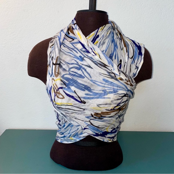 Brown Blue and White Abstract Pattern Print Thin Knit Scarf Shawl with Fringe - Picture 4 of 11